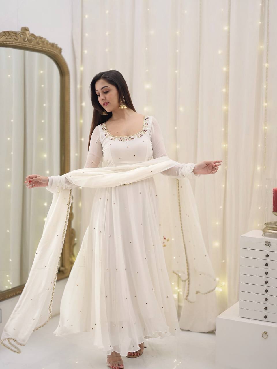 Faux georgette palazzo suit set with embroidery – front view, Fancy full sleeve faux georgette kurta with embroidery, Heavy faux georgette palazzo pants with elastic waist, Faux georgette dupatta with lace border, Fully stitched festive georgette suit set, Elegant georgette palazzo suit for women, Party wear georgette suit with dupatta, Designer faux georgette ethnic outfit
