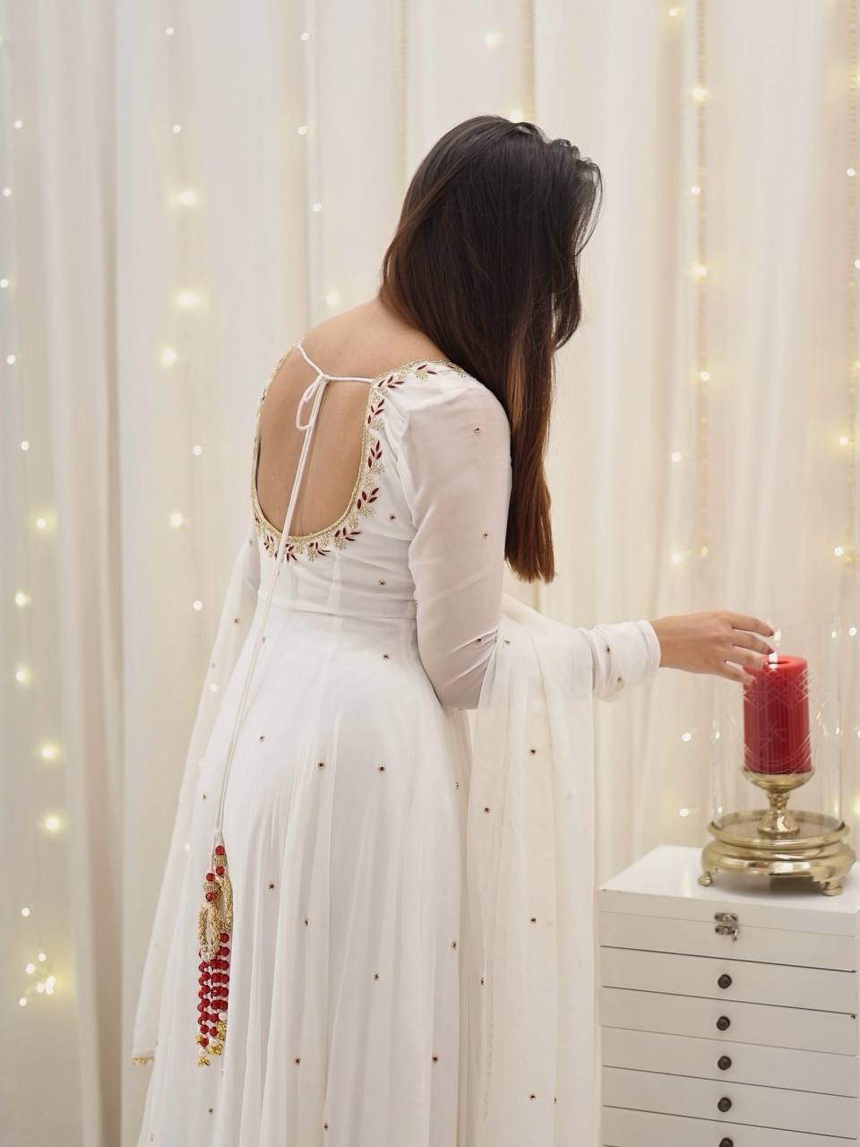 Faux georgette palazzo suit set with embroidery – front view, Fancy full sleeve faux georgette kurta with embroidery, Heavy faux georgette palazzo pants with elastic waist, Faux georgette dupatta with lace border, Fully stitched festive georgette suit set, Elegant georgette palazzo suit for women, Party wear georgette suit with dupatta, Designer faux georgette ethnic outfit