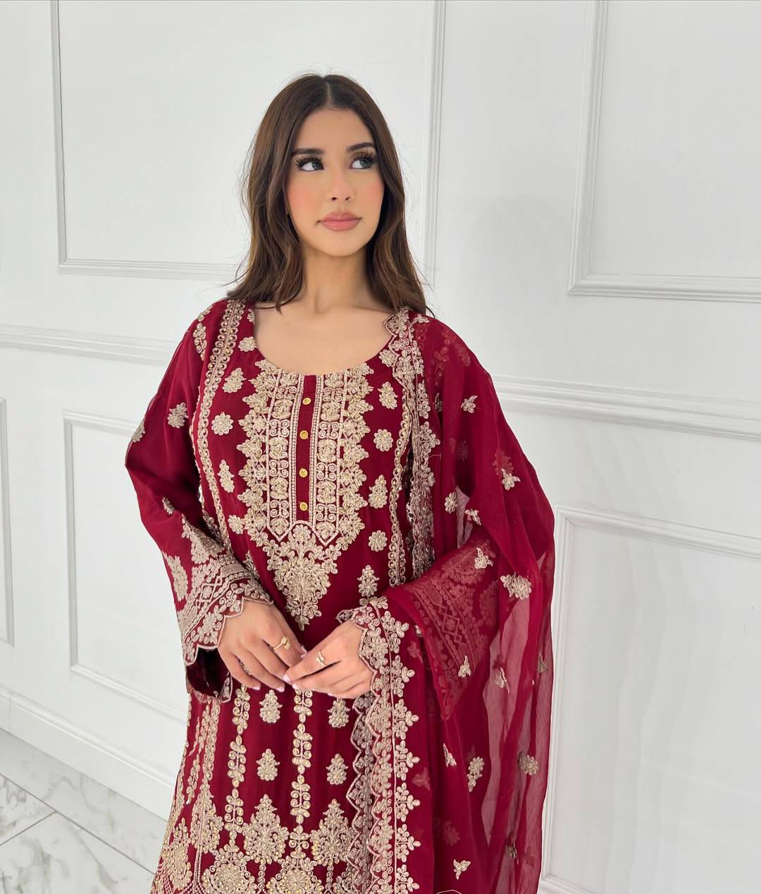 Georgette Red Heavy Work Embroidered Sharara Suit With Sequin Work