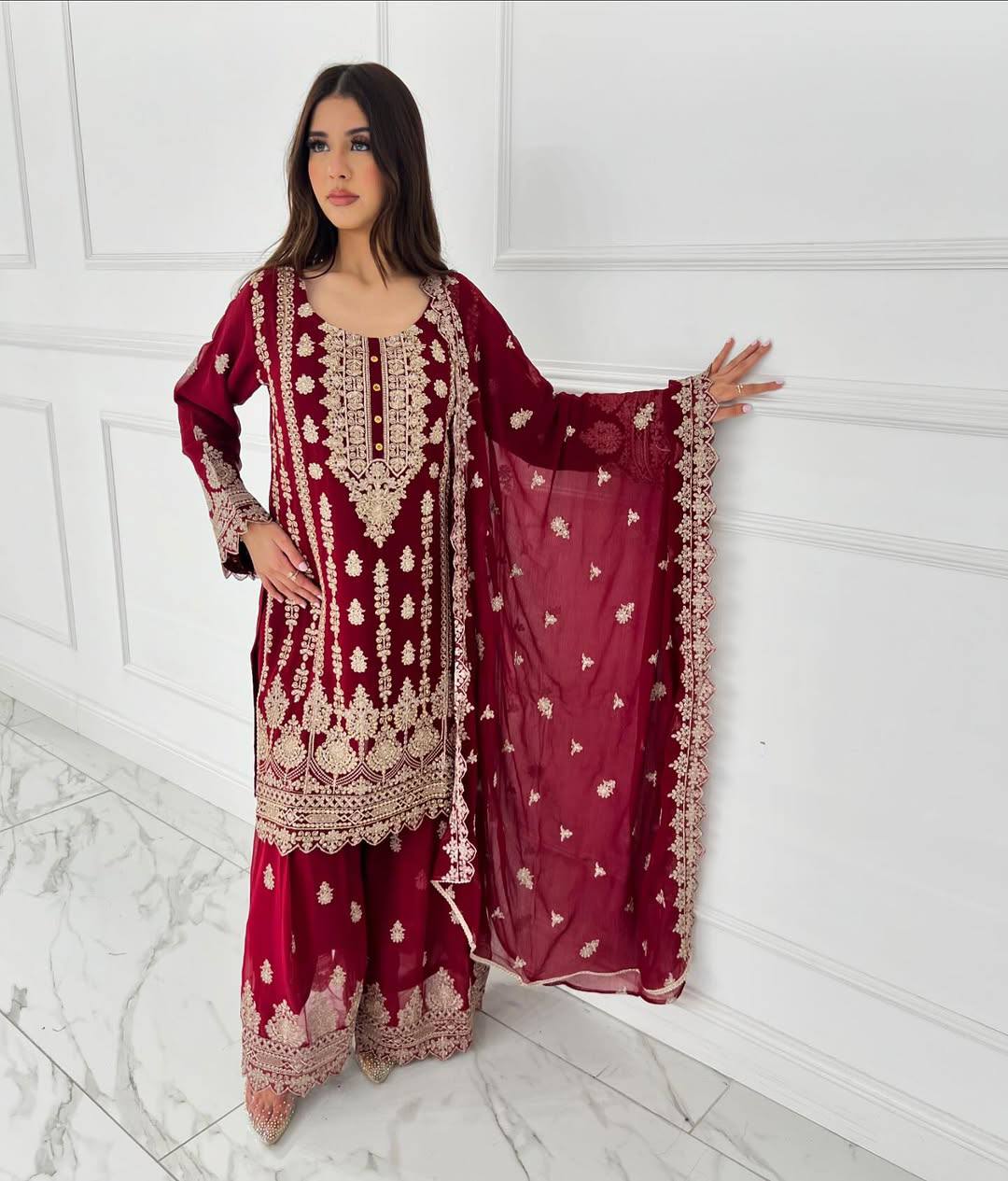 Faux Georgette sharara set, Thread work sharara suit, Sequin work sharara set, Party wear sharara suit, Georgette sharara with dupatta, Wedding wear sharara outfit, Faux Georgette festive suit, Designer sharara suit with dupatta, Fully stitched sharara set, Indian ethnic sharara kurta set, Rakhi sharara suit, Raksha Bandhan special sharara set, Ready to wear sharara suit, Embroidered sharara set for women, Four-side lace dupatta suit, Faux Georgette heavy work sharara set, Elegant sharara suit for festivals