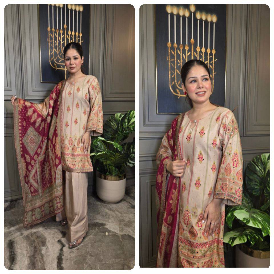 Beige & red Salwar Kameez Suit Gharara Pant WIth Sequence  Coding Work
