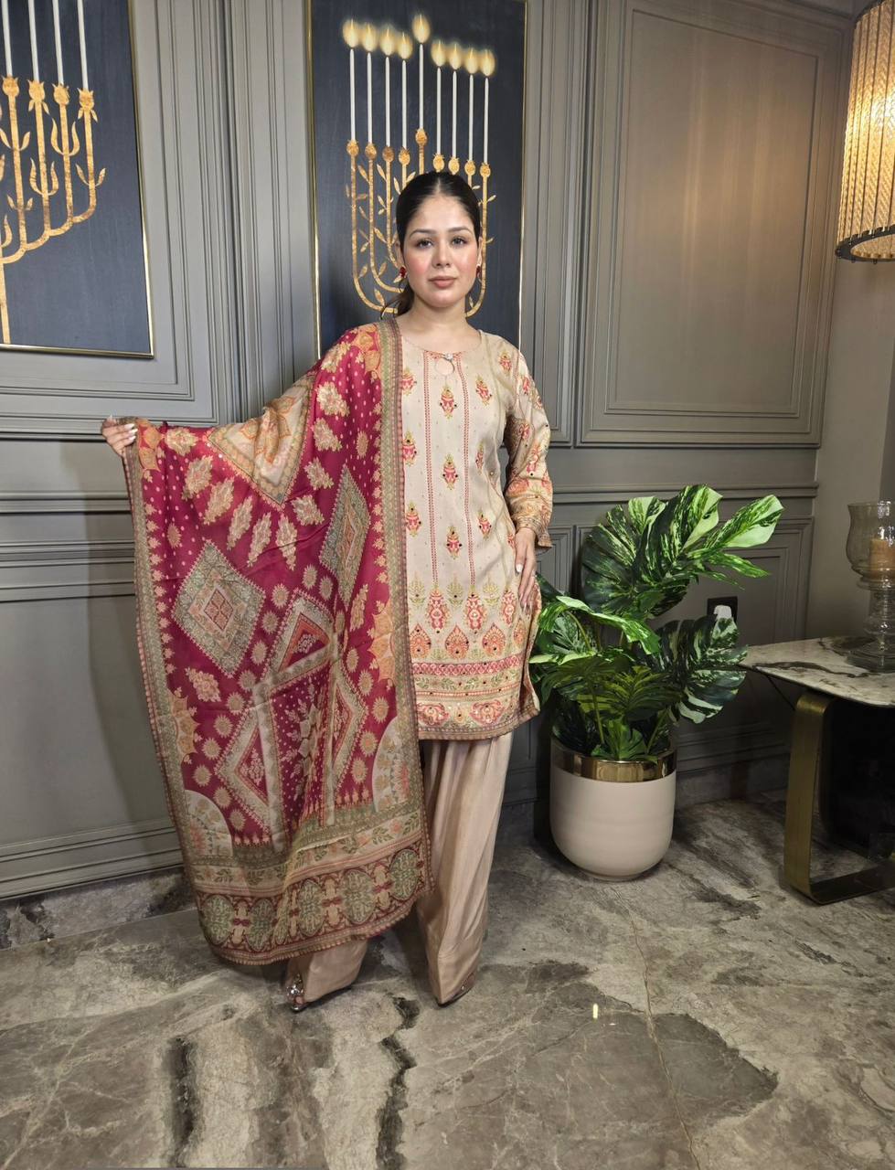 Beige & red Salwar Kameez Suit Gharara Pant WIth Sequence  Coding Work