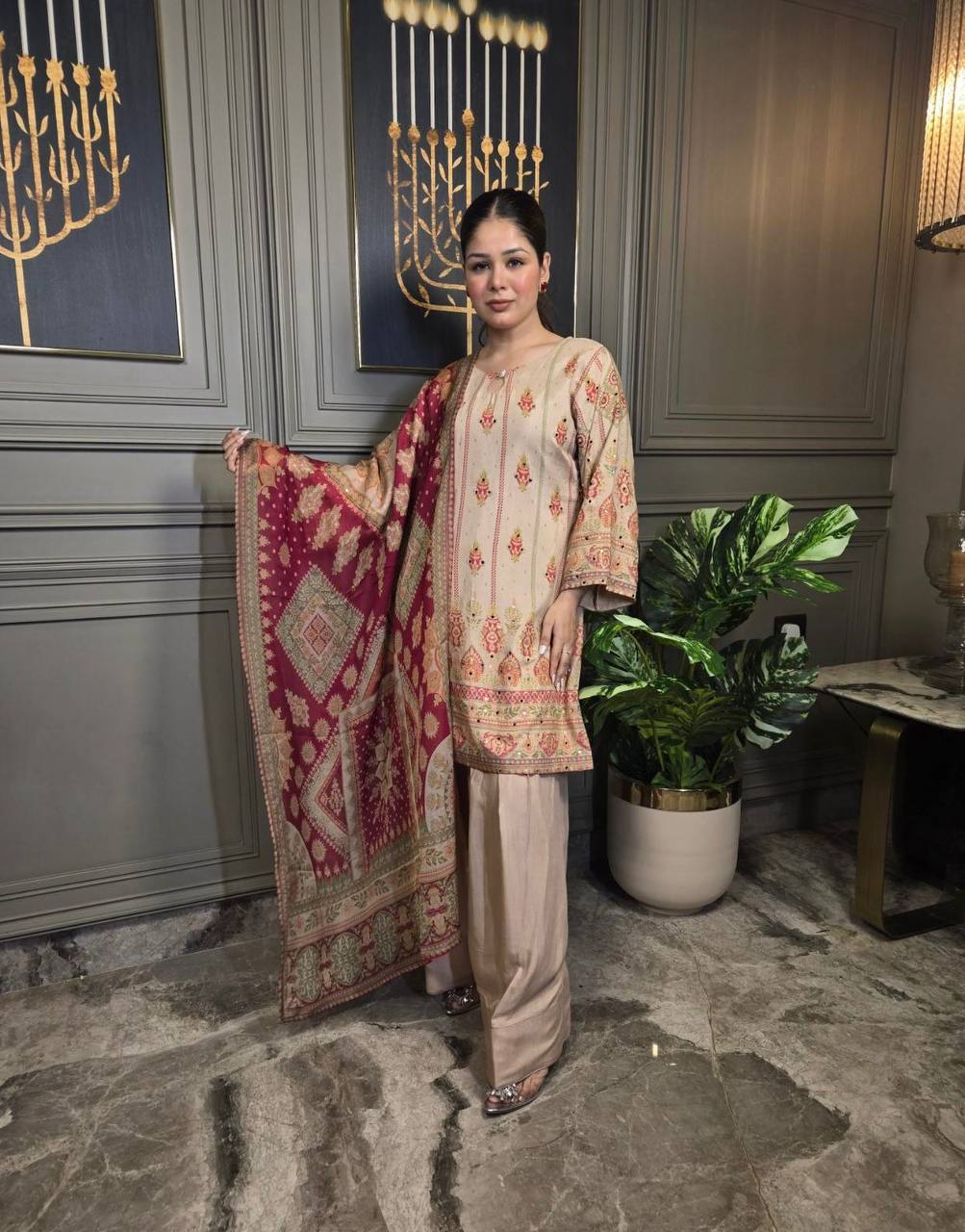 Beige & red Salwar Kameez Suit Gharara Pant WIth Sequence  Coding Work