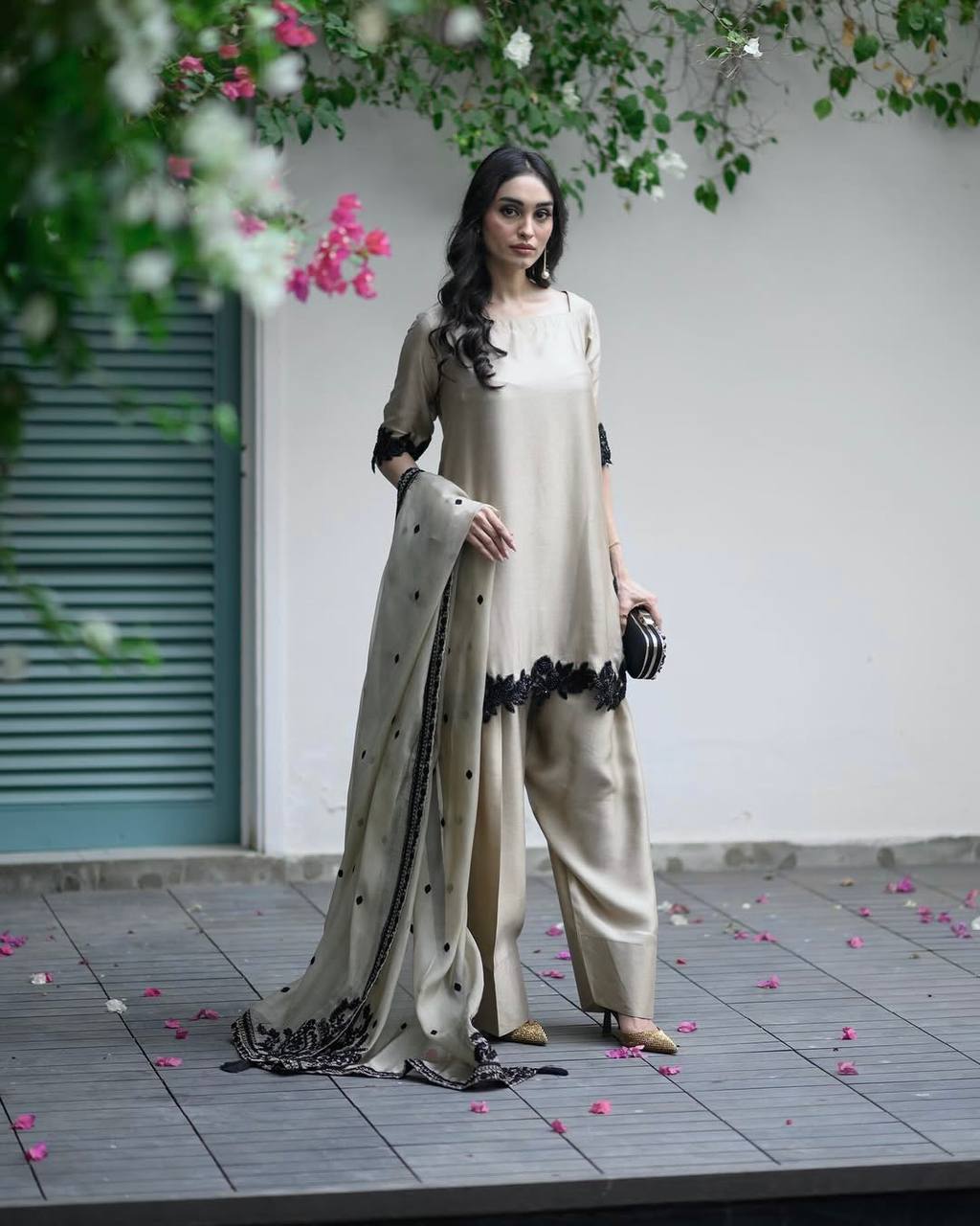 Star georgette farshi pant suit with sequin embroidery – front view, Full sleeve star georgette kurta with embroidery and sequins, Star georgette farshi pants with embroidery, Fully stitched elastic waist farshi pants, Embroidered star georgette dupatta, Festive party wear georgette suit set, Elegant star georgette ethnic outfit for women, Designer star georgette pant suit with dupatta