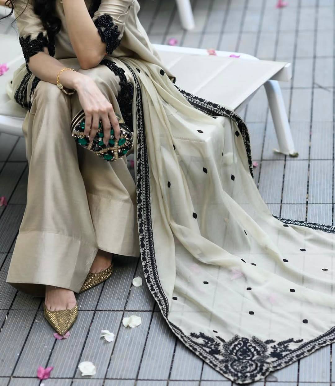 Star georgette farshi pant suit with sequin embroidery – front view, Full sleeve star georgette kurta with embroidery and sequins, Star georgette farshi pants with embroidery, Fully stitched elastic waist farshi pants, Embroidered star georgette dupatta, Festive party wear georgette suit set, Elegant star georgette ethnic outfit for women, Designer star georgette pant suit with dupatta