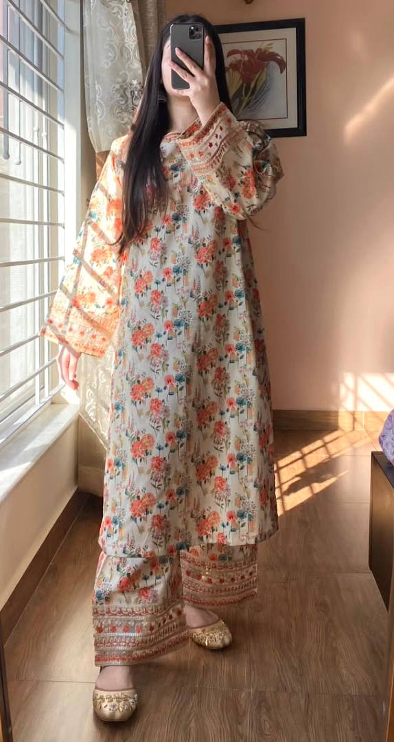 Pure Natural Roman Silk with Digital Print 2 pcs Co-ord set