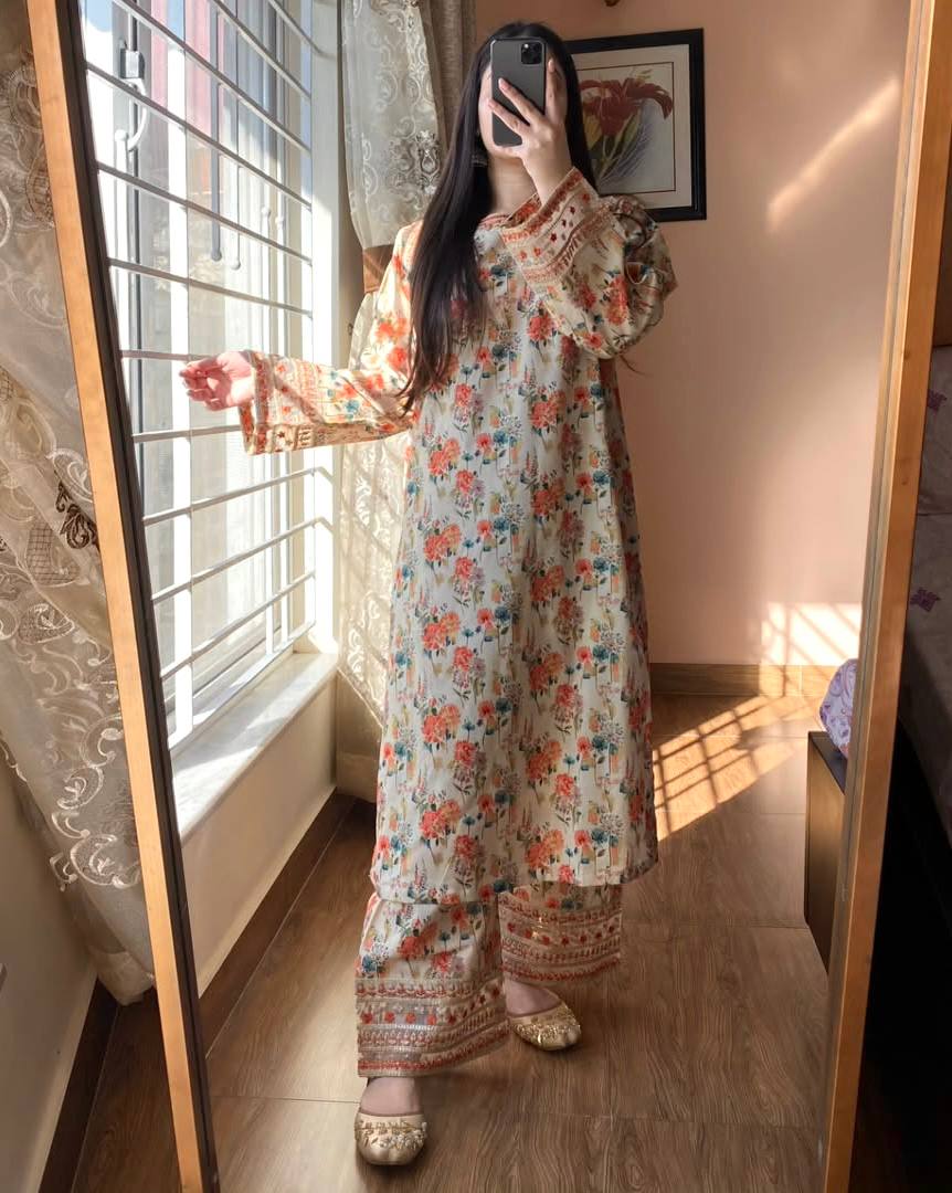 Pure Natural Roman Silk with Digital Print 2 pcs Co-ord set