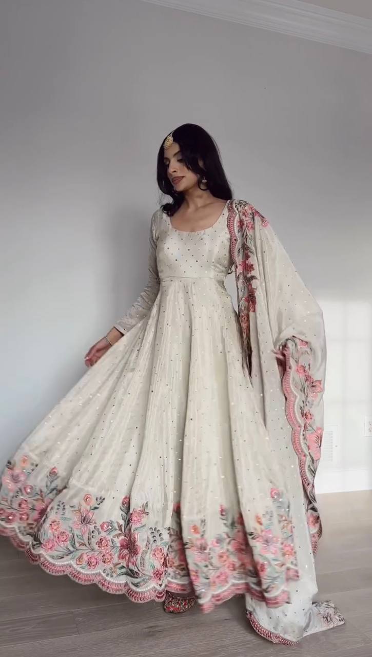 Chinon silk suit set with top, pant, and dupatta – front view, Thread, sequin, and mukesh work on Chinon silk kurta, Fully stitched Chinon silk pant with elastic waist, Chinon silk dupatta with sequin and mukesh embroidery, Three-piece Chinon silk festive suit set, Elegant Chinon silk kurta set for wedding and festive wear, Close-up of mukesh and sequin embroidery on Chinon silk fabric, Lightweight luxury Chinon silk ethnic wear for women