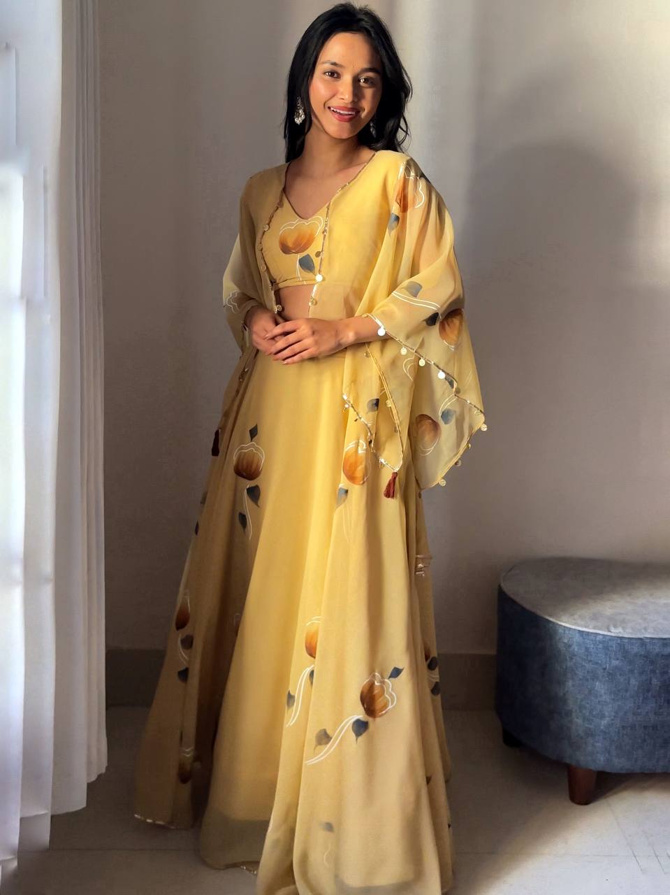 Yellow Georgette lehanga With Hand Painted & Lace Work