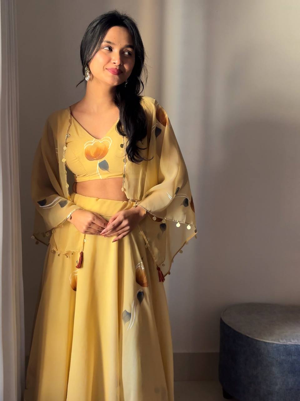 Yellow Georgette lehanga With Hand Painted & Lace Work