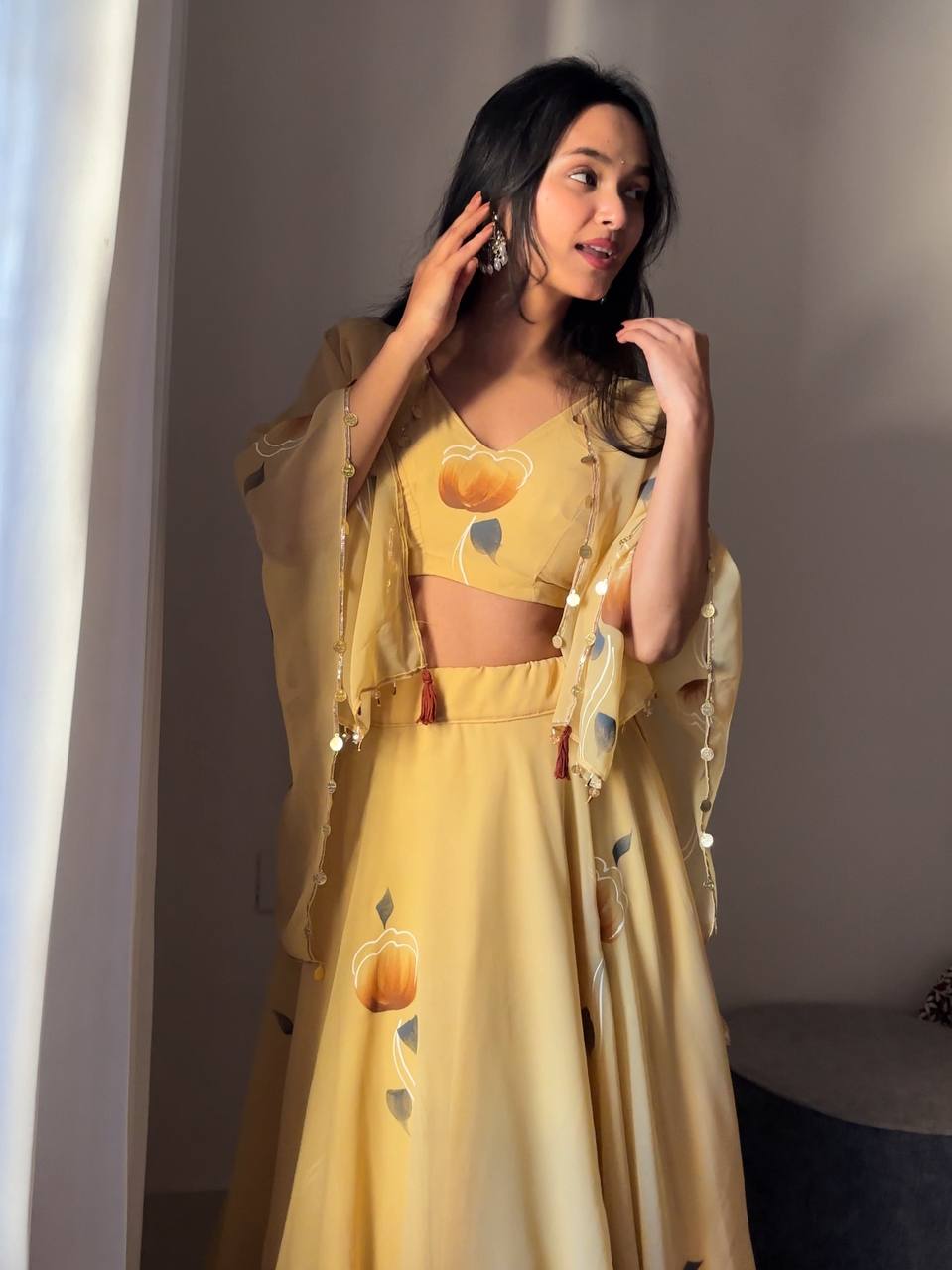 Yellow Georgette lehanga With Hand Painted & Lace Work