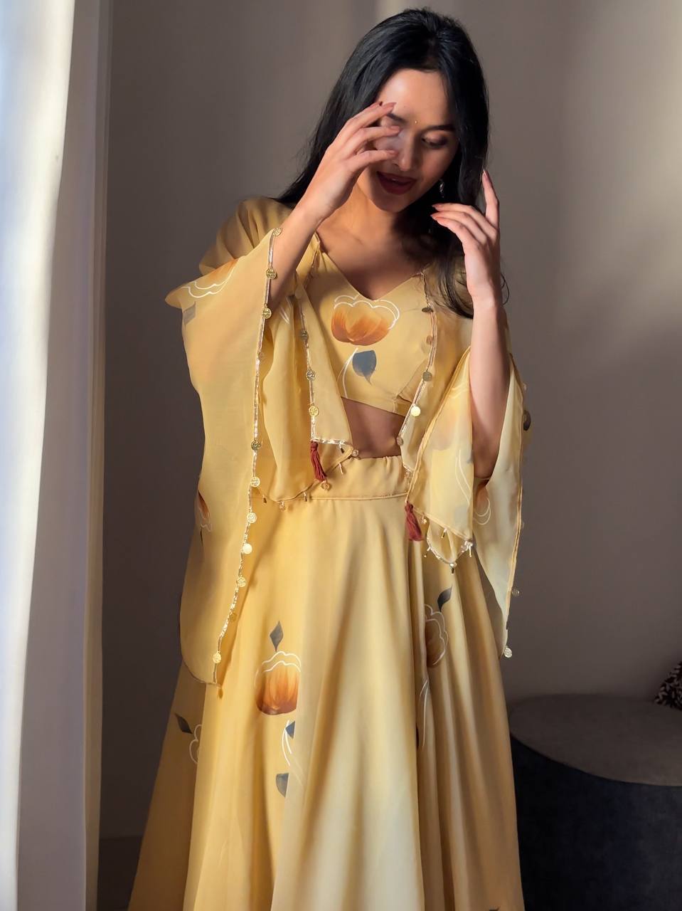 Yellow Georgette lehanga With Hand Painted & Lace Work