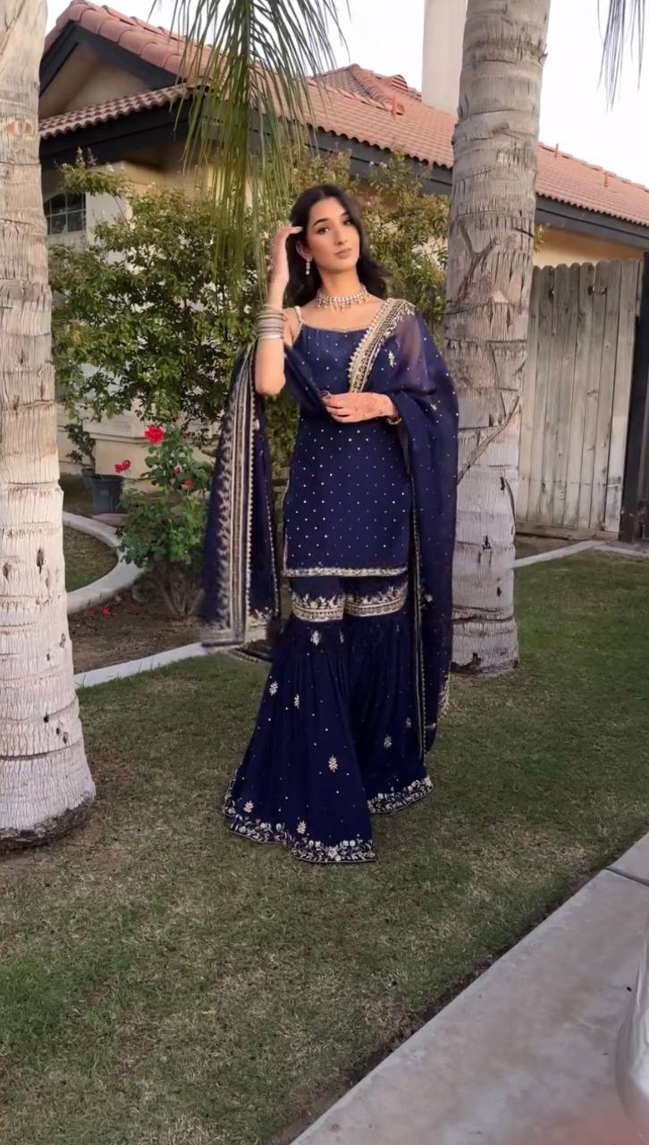 Faux Georgette sharara set, Thread work sharara suit, Sequin work sharara set, Georgette sharara with dupatta, Sharara set for festive wear, Indian party wear sharara suit, Fully stitched sharara set, Ethnic sharara suit for women, Designer sharara with lace dupatta, Sharara kurta dupatta set, Faux Georgette festive outfit, Wedding wear sharara suit, Rakhi sharara suit set, Raksha Bandhan outfit for women, Embroidered sharara set, Ready to wear sharara suit, Thread embroidery and sequin sharara, Indian ethn
