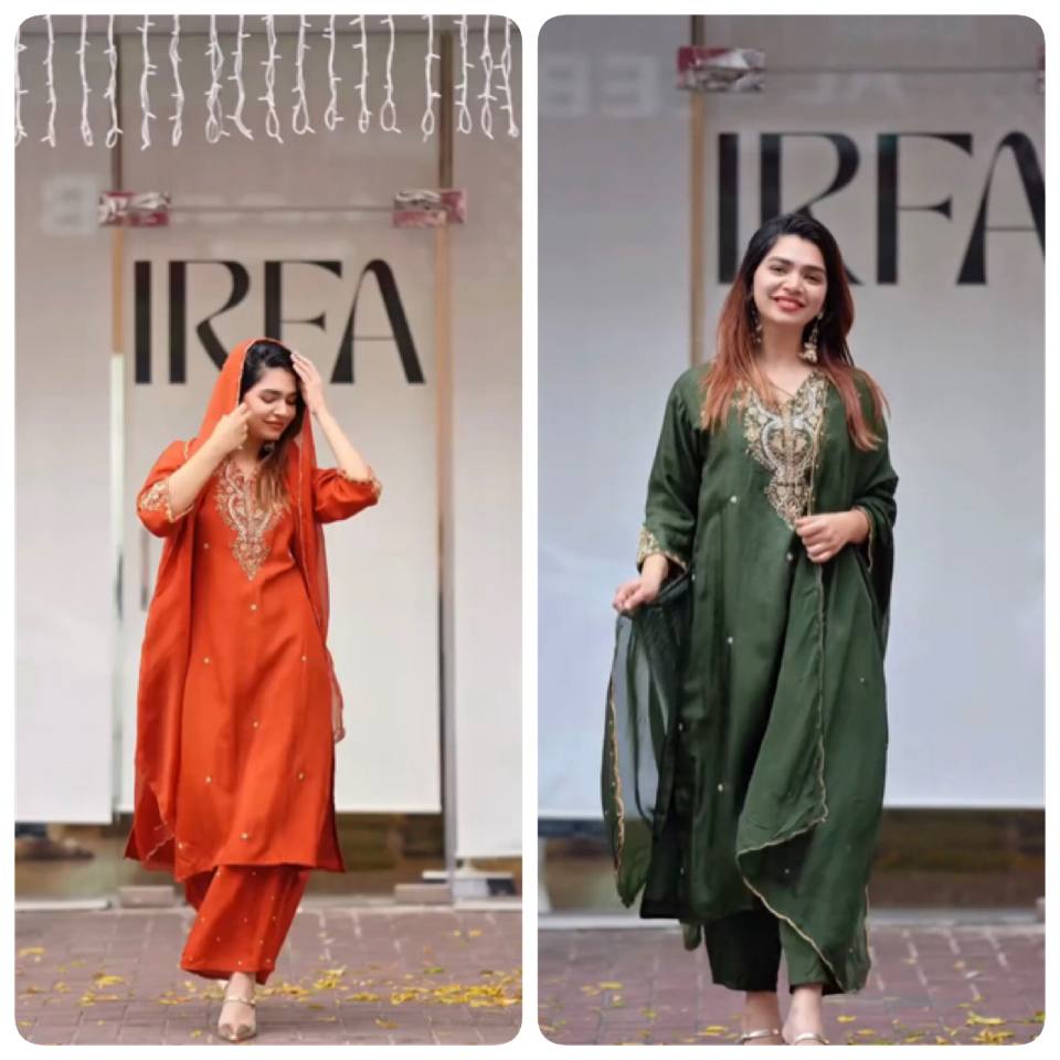 Chinon Silk Salwar Kameez  Suit Set with Sequence & Zari Coding Work Orange& Green