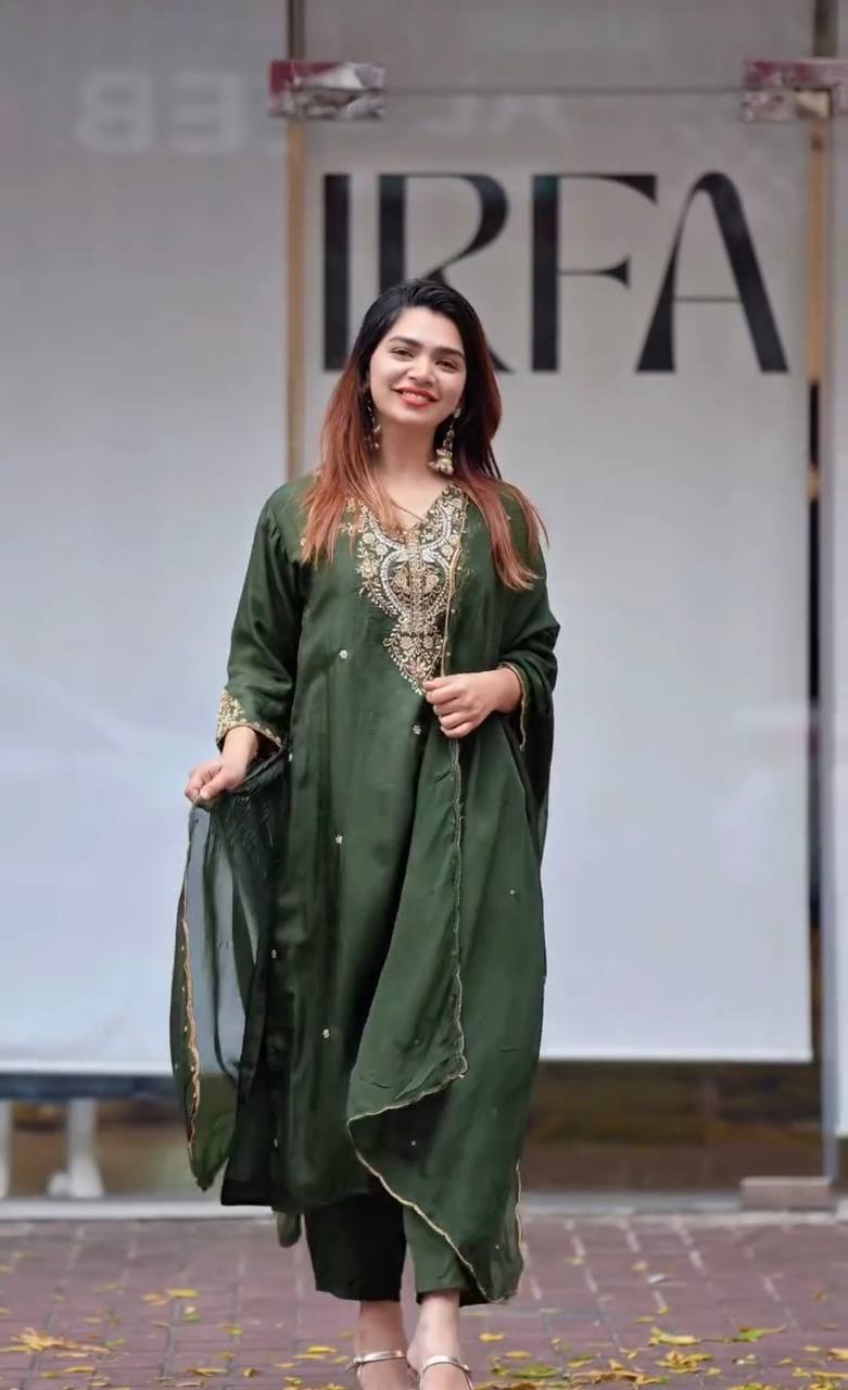 Chinon Silk Salwar Kameez  Suit Set with Sequence & Zari Coding Work Orange& Green