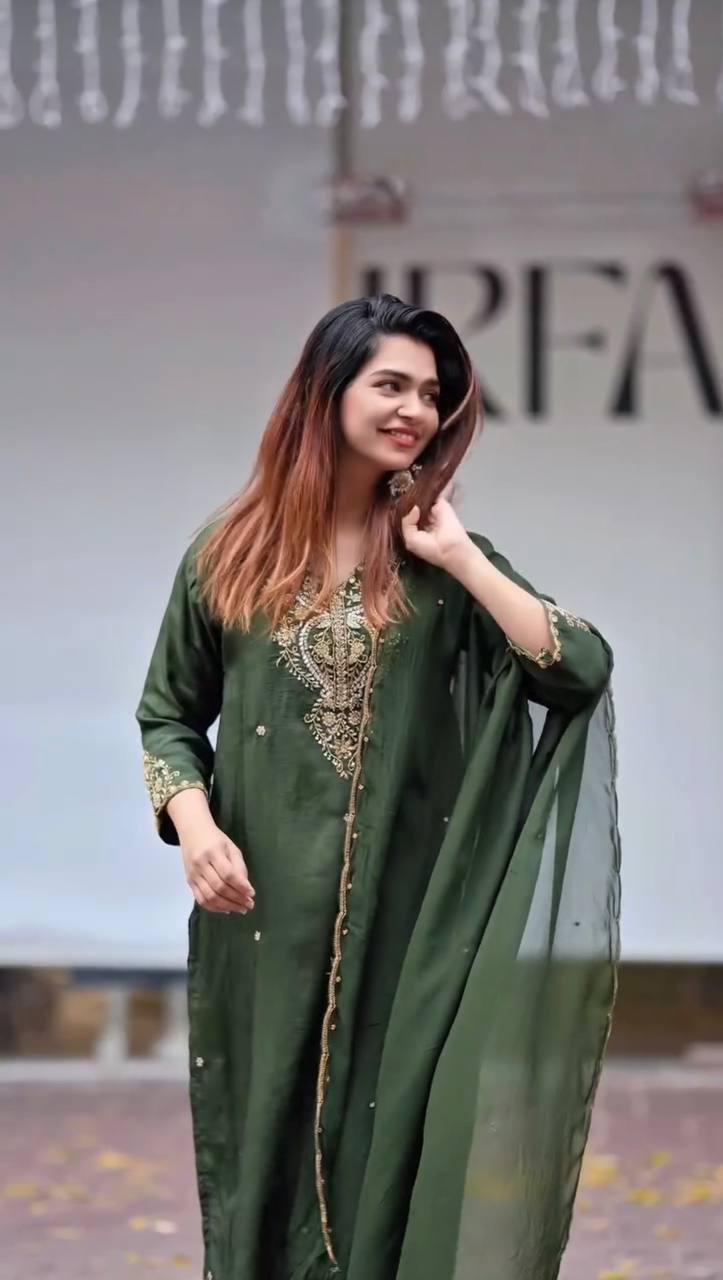 Chinon Silk Salwar Kameez  Suit Set with Sequence & Zari Coding Work Orange& Green