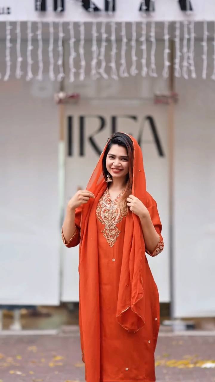 Chinon Silk Salwar Kameez  Suit Set with Sequence & Zari Coding Work Orange& Green