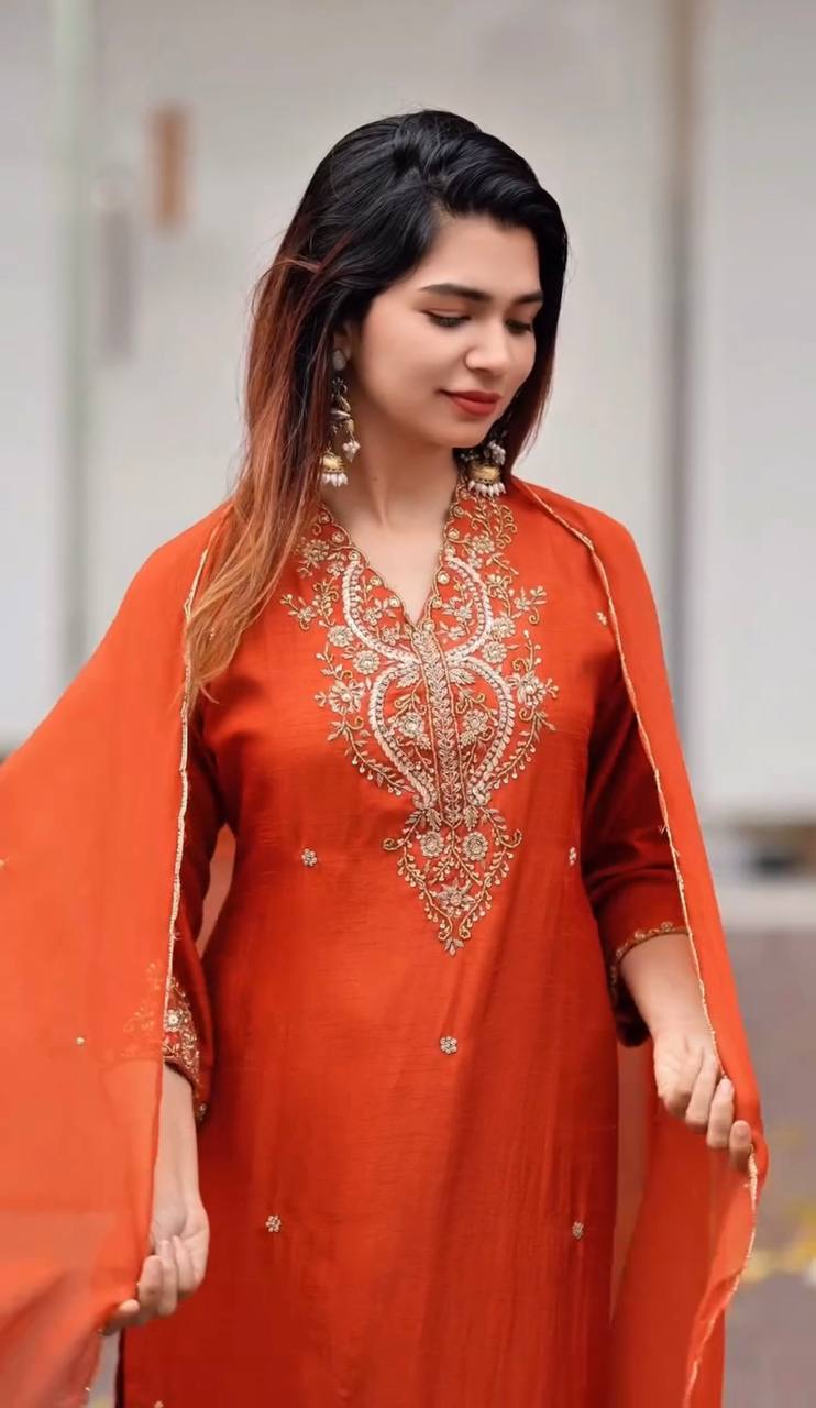 Chinon Silk Salwar Kameez  Suit Set with Sequence & Zari Coding Work Orange& Green