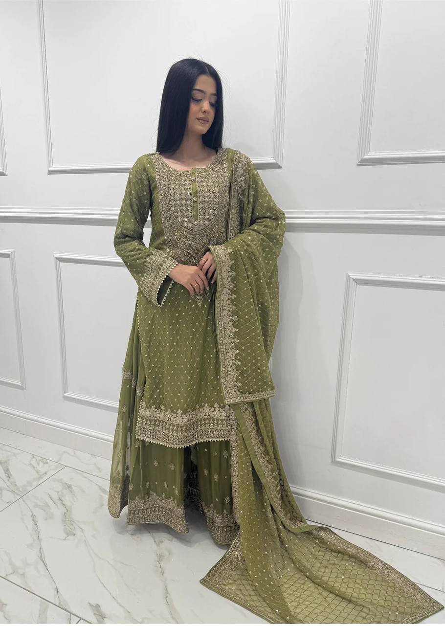 Faux Georgette sharara set, Thread work sharara suit, Sequin work sharara set, Georgette sharara with dupatta, Sharara set for festive wear, Indian party wear sharara suit, Fully stitched sharara set, Ethnic sharara suit for women, Designer sharara with lace dupatta, Sharara kurta dupatta set, Faux Georgette festive outfit, Wedding wear sharara suit, Rakhi sharara suit set, Raksha Bandhan outfit for women, Embroidered sharara set, Ready to wear sharara suit, Thread embroidery and sequin sharara, Indian ethn