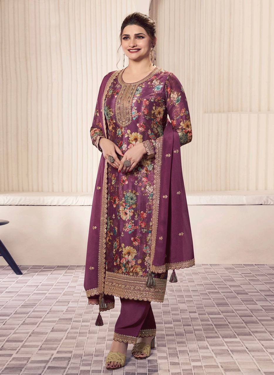 Floral Printed Chinon Silk Salwar kameez Suit Set with Sequence & Coding Work