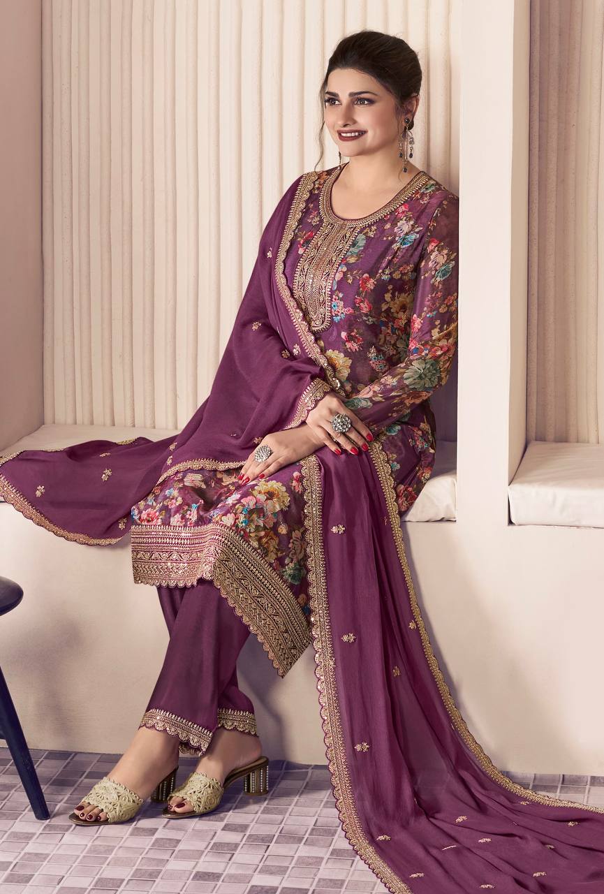 Floral Printed Chinon Silk Salwar kameez Suit Set with Sequence & Coding Work