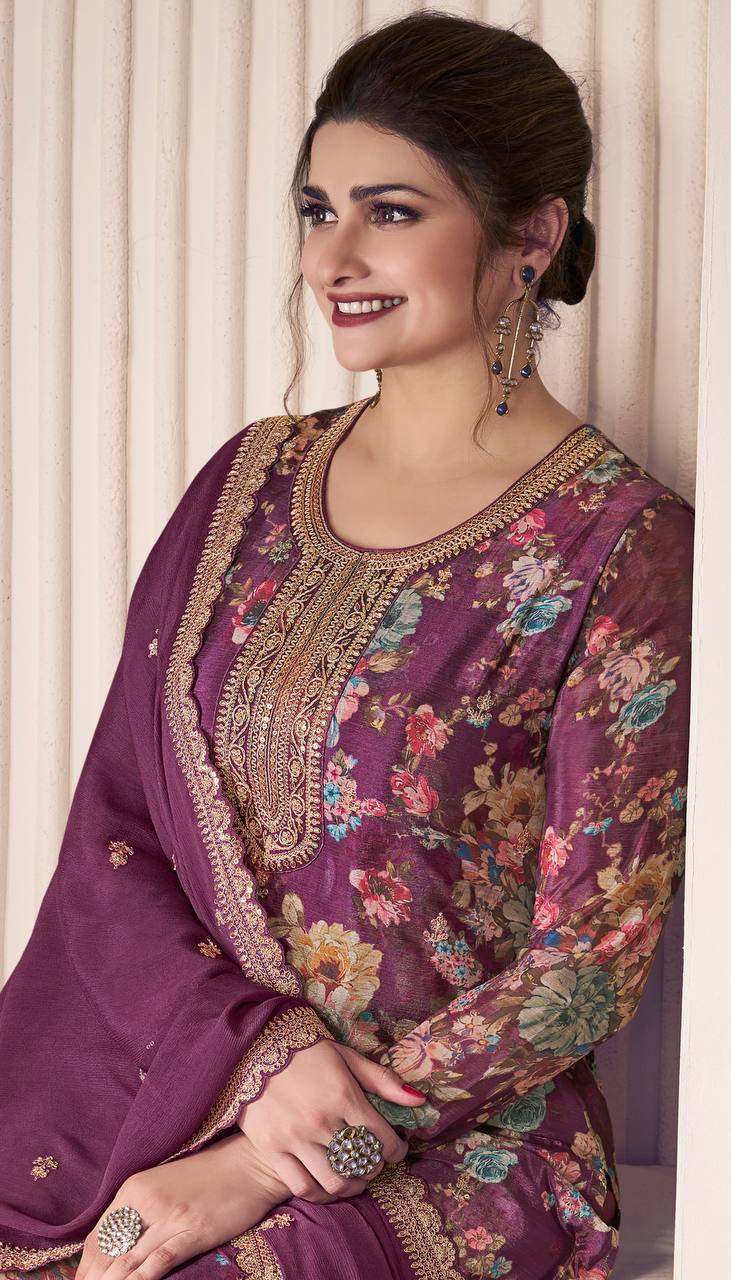 Floral Printed Chinon Silk Salwar kameez Suit Set with Sequence & Coding Work
