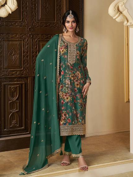 Floral Printed Chinon Silk Salwar kameez Suit Set with Sequence & Coding Work