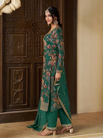 Floral Printed Chinon Silk Salwar kameez Suit Set with Sequence & Coding Work