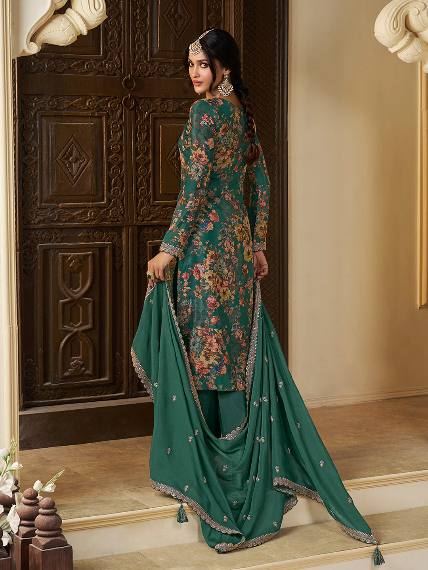 Floral Printed Chinon Silk Salwar kameez Suit Set with Sequence & Coding Work