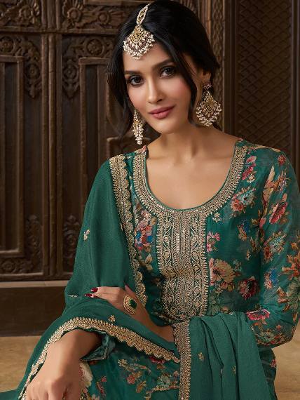 Floral Printed Chinon Silk Salwar kameez Suit Set with Sequence & Coding Work