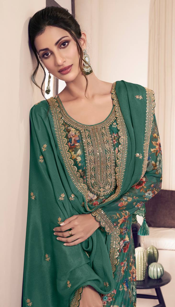 Floral Printed Chinon Silk Salwar kameez Suit Set with Sequence & Coding Work