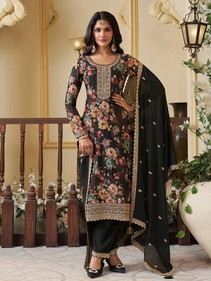 Floral Printed Chinon Silk Salwar kameez Suit Set with Sequence & Coding Work