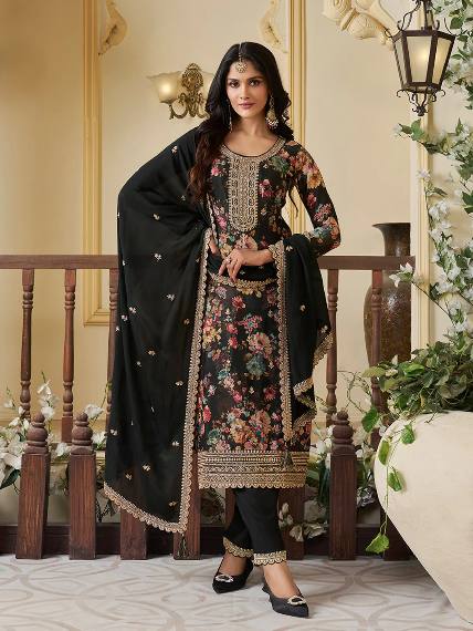 Floral Printed Chinon Silk Salwar kameez Suit Set with Sequence & Coding Work