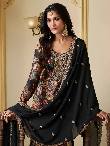 Floral Printed Chinon Silk Salwar kameez Suit Set with Sequence & Coding Work