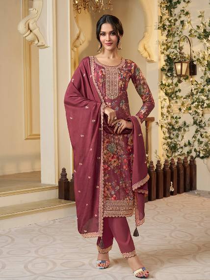 Floral Printed Chinon Silk Salwar kameez Suit Set with Sequence & Coding Work