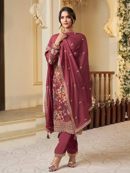 Floral Printed Chinon Silk Salwar kameez Suit Set with Sequence & Coding Work