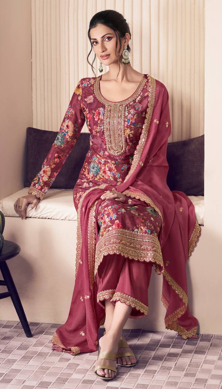 Floral Printed Chinon Silk Salwar kameez Suit Set with Sequence & Coding Work