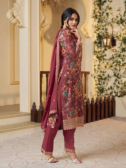 Floral Printed Chinon Silk Salwar kameez Suit Set with Sequence & Coding Work