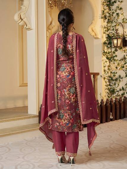 Floral Printed Chinon Silk Salwar kameez Suit Set with Sequence & Coding Work