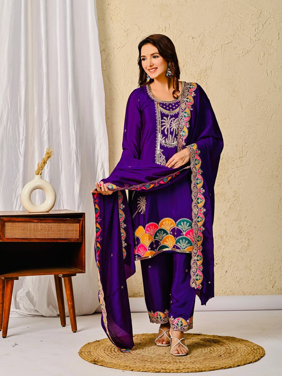 Chinon Silk Purple Salwar Kameez Suit With Sequin Embroidery Work