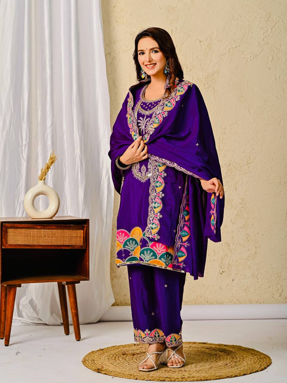 Chinon Silk Purple Salwar Kameez Suit With Sequin Embroidery Work