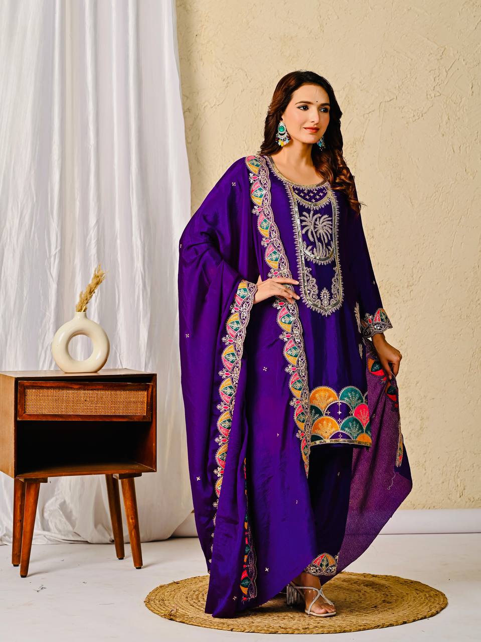 Chinon Silk Purple Salwar Kameez Suit With Sequin Embroidery Work