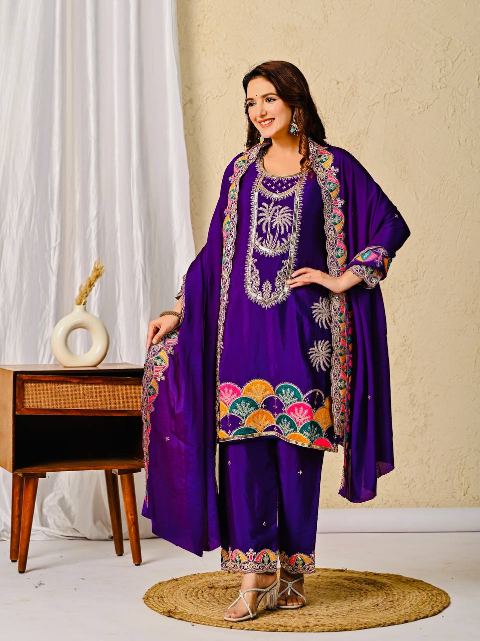 Chinon Silk Purple Salwar Kameez Suit With Sequin Embroidery Work