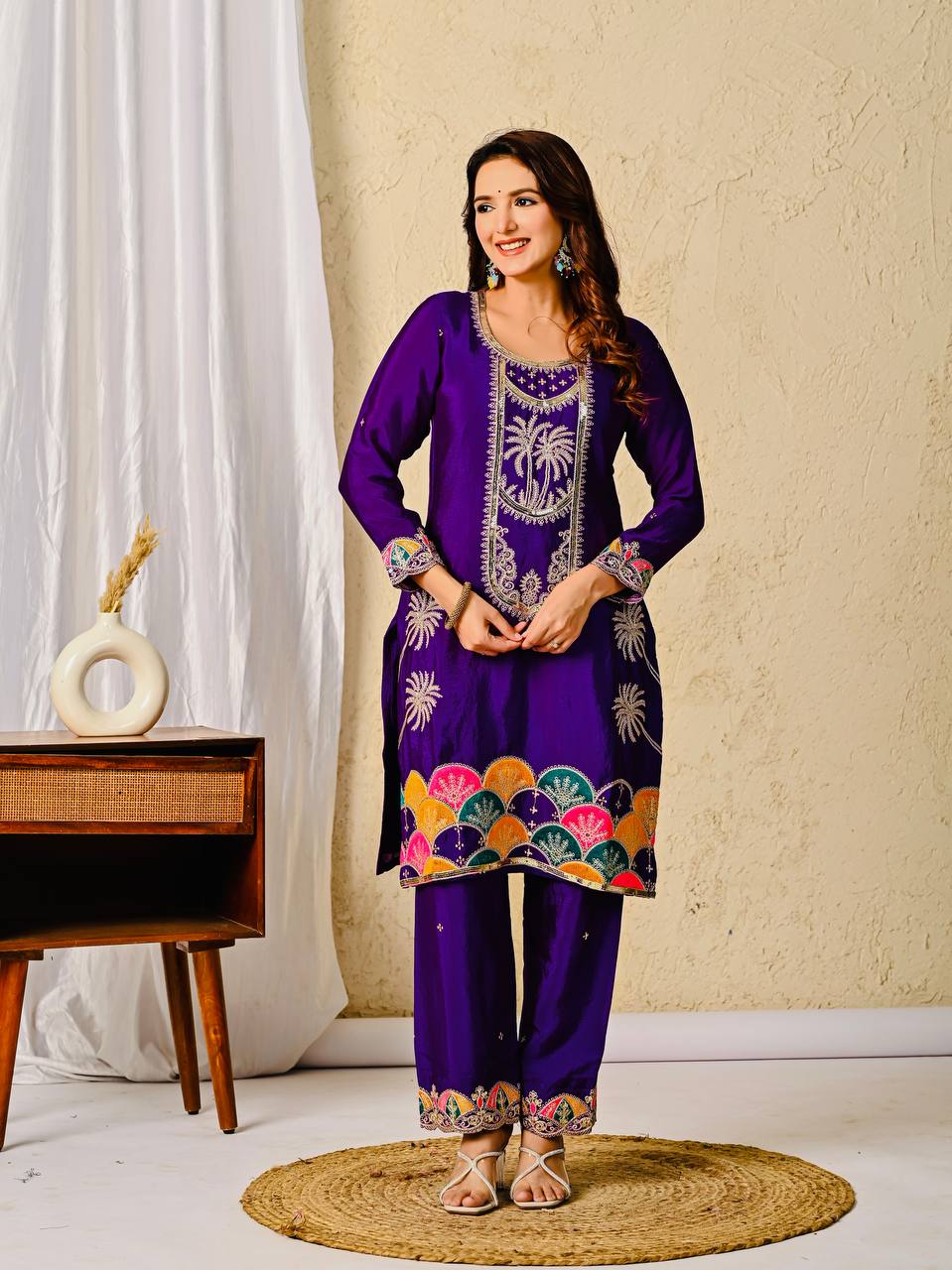 Chinon Silk Purple Salwar Kameez Suit With Sequin Embroidery Work