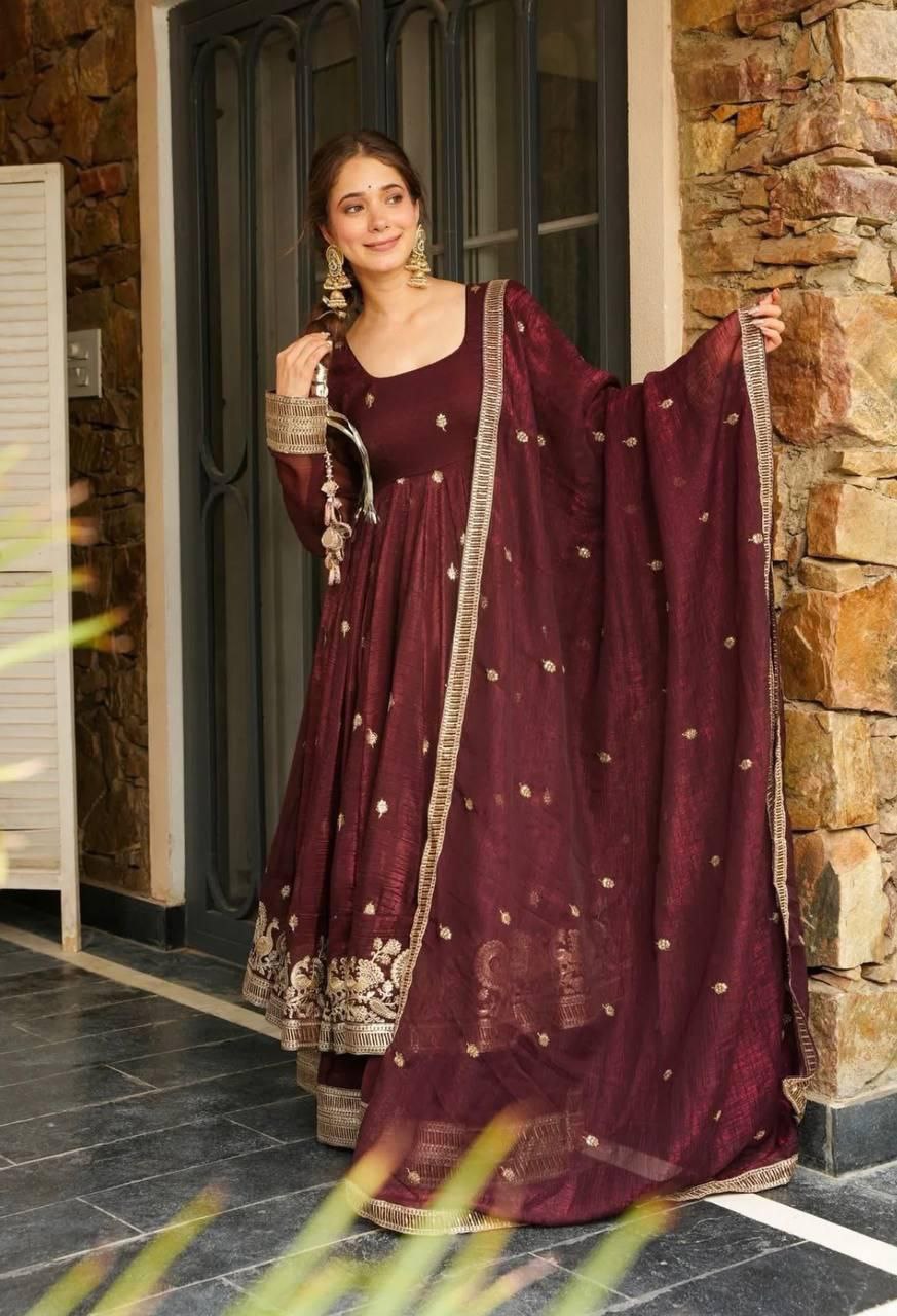 Brown Anrakali Gown & Sharara Combo Suit With Sequence Embroidery And lace Work