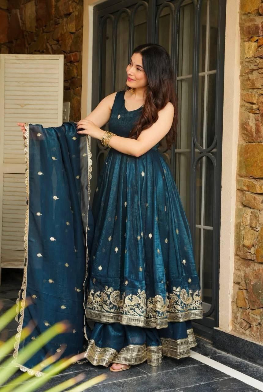 Blue Anrakali Gown & Sharara Combo Suit With Sequence Embroidery And lace Work