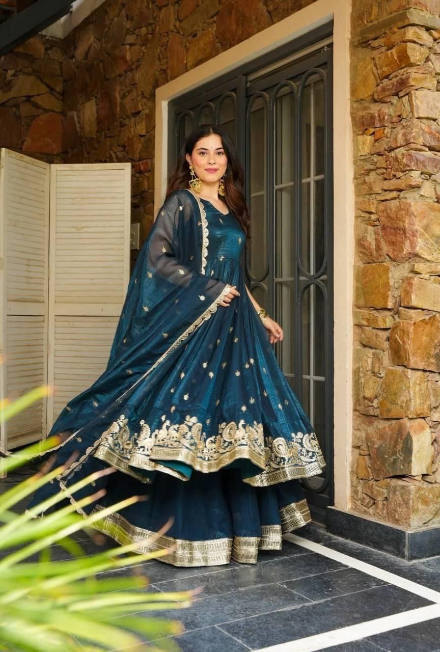 Blue Anrakali Gown & Sharara Combo Suit With Sequence Embroidery And lace Work
