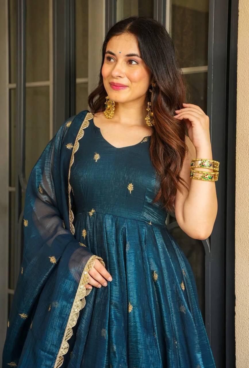 Blue Anrakali Gown & Sharara Combo Suit With Sequence Embroidery And lace Work
