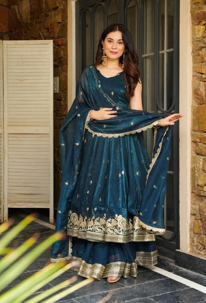 Blue Anrakali Gown & Sharara Combo Suit With Sequence Embroidery And lace Work
