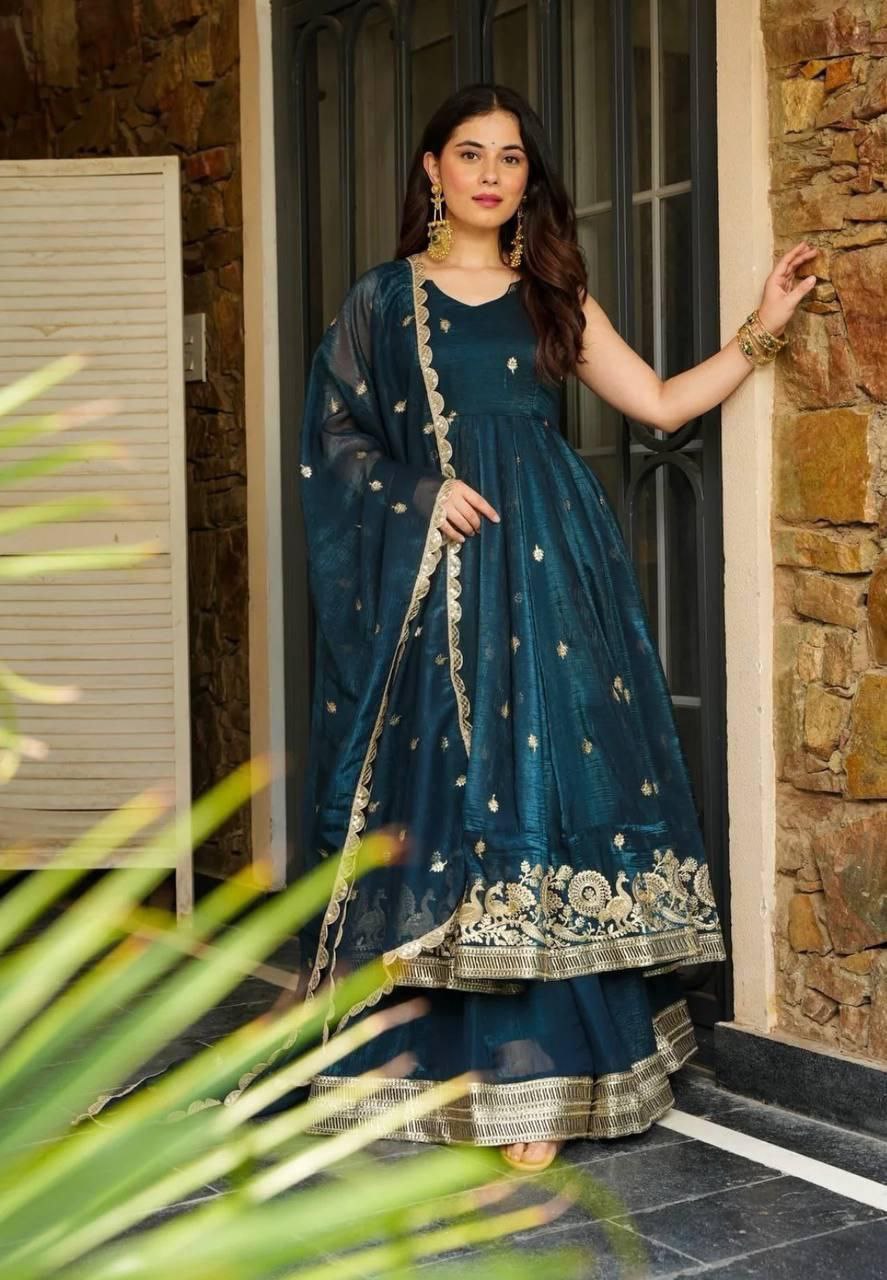 Blue Anrakali Gown & Sharara Combo Suit With Sequence Embroidery And lace Work